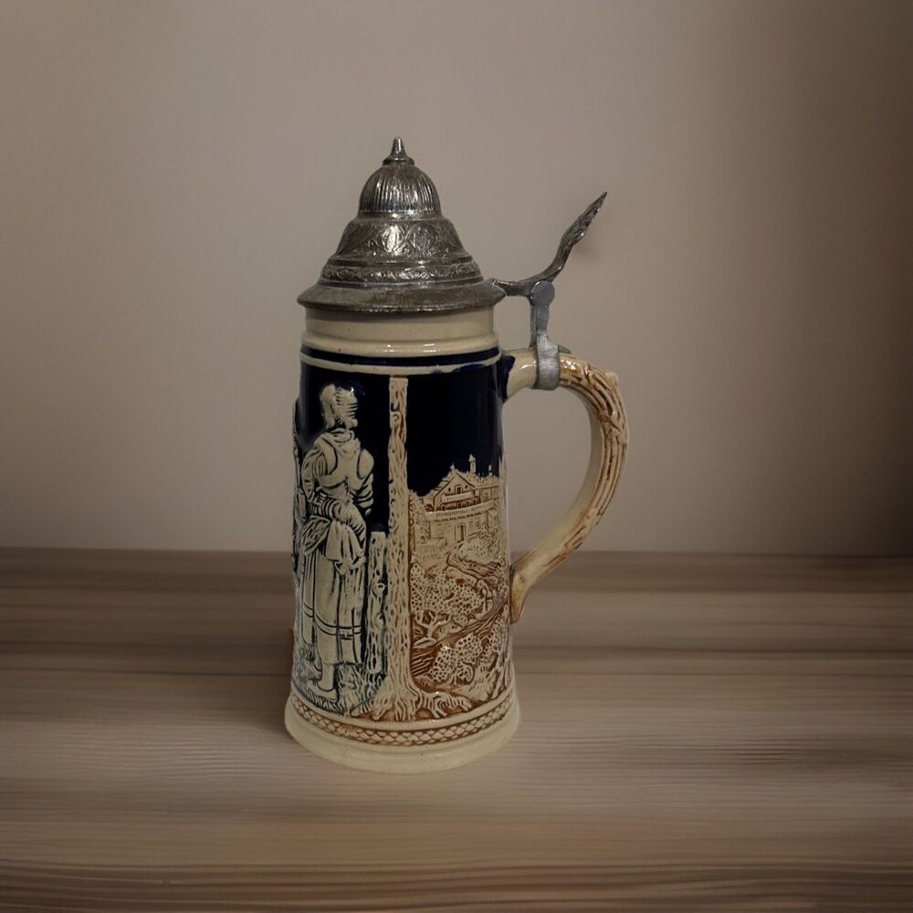 Vintage German Beer Stein Ceramic Design Blue and Beige With Silver Metal‎ Lid